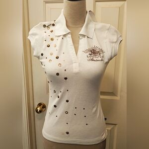 NWT Akademiks Polo Shirt White & Gold w Bronze Embellishments.